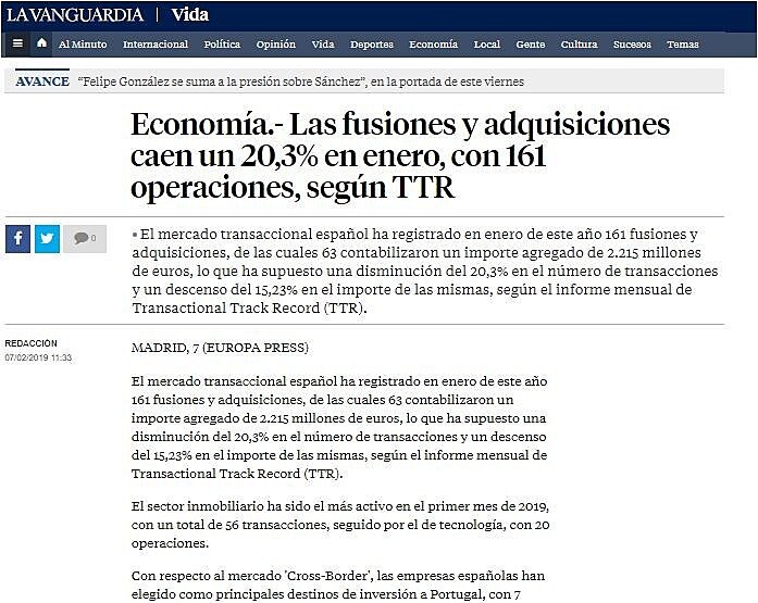 Las fusiones y adquisiciones caen un 20,3% en enero, con 161 operaciones, segn TTR